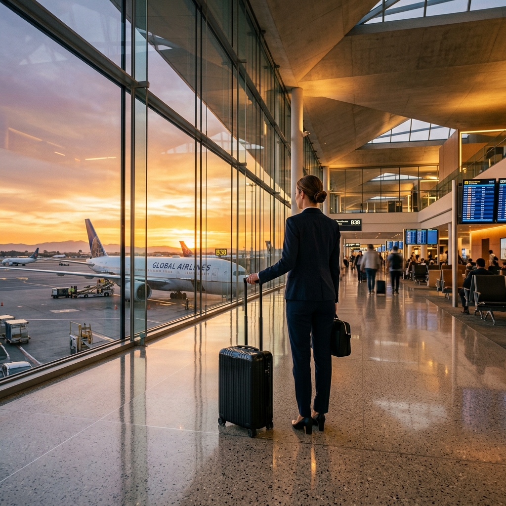 Viajante no aeroporto ao pôr do sol